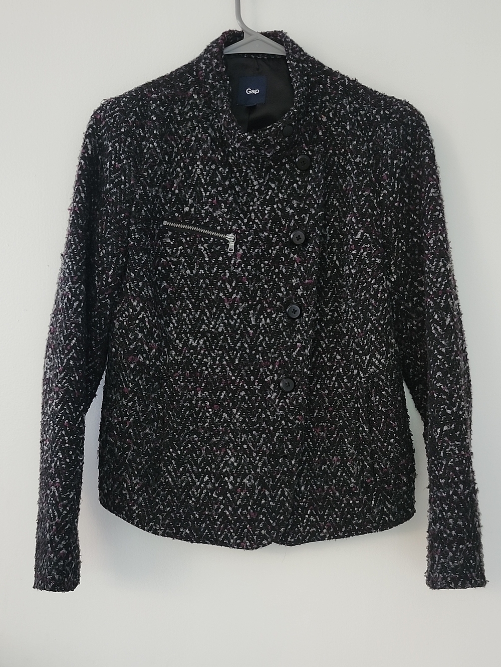 GAP Black Tweed Button-Front Jacket with Subtle Purple Fleck